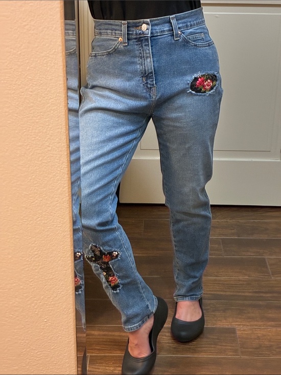 Levi's Denim - Levi's Blue Jeans with Distressed Patched Floral/Christian Accents, W29, Size 4